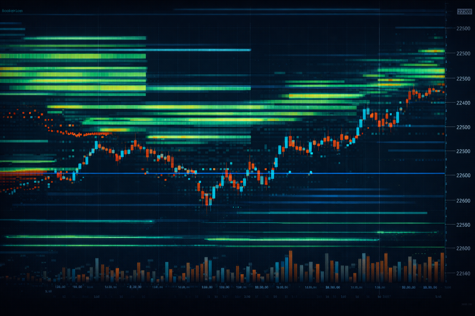 A Bookmap-style liquidity heatmap showing real-time order flow and depth of market